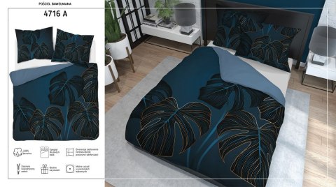 Pościel bawełniana 220x200 niebiesko granatowa liście 4716 A Holland 35
