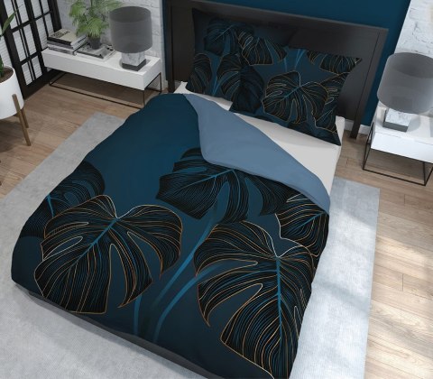 Pościel bawełniana 220x200 niebiesko granatowa liście 4716 A Holland 35