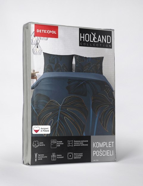 Pościel bawełniana 220x200 niebiesko granatowa liście 4716 A Holland 35