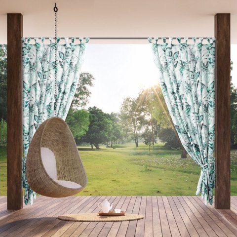Zasłona gotowa 155x220 Garden 2 biała zielona liście do ogrodu wodoodporna mocowana na szelki/rzep Eurofirany