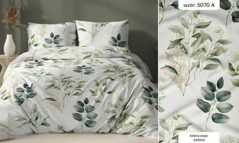 Pościel satynowa 160x200 biała zielona liście zapinana na suwak 5070 A - Karo Satin 160 Pościel satynowa 160x200 biała zielona liście zapinana na suwak 5070 A - Karo Satin 160