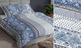 Pościel satynowa 160x200 niebieska ornamenty zapinana na suwak 3911 A KARO Satin