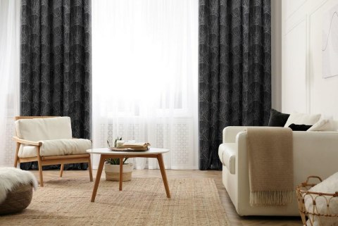 Zasłona 140x250 Goja czarna welurowa liście miłorzębu na przelotkach Pierre Cardin z błyszczącym nadrukiem Eurofirany