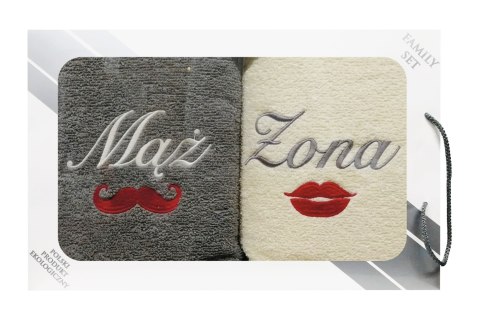 Komplet ręczników w pudełku 2 szt 70x140 Mąż Żona Usta Wąsy szary jasny 06 kremowy