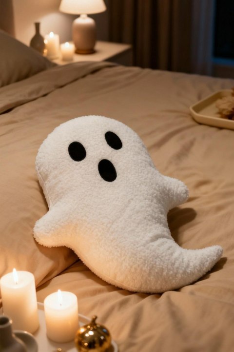 Poduszka dekoracyjna duch boucle biały 28x40 - jesienna ozdoba do salonu i dekoracja na Halloween