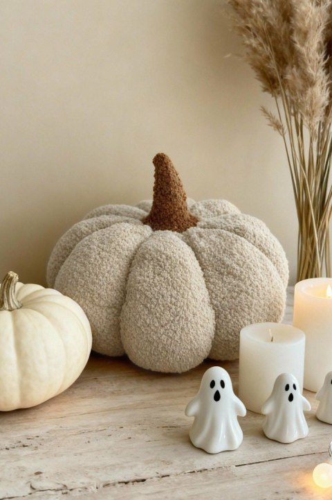 Poduszka dekoracyjna dynia boucle beżowa 35x35 - jesienna ozdoba do salonu i dekoracja na Halloween