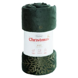 Koc narzuta świąteczna 150x200 zielony ciemny złoty śnieżynki Eurofirany