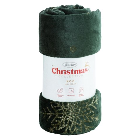 Koc narzuta świąteczna 150x200 zielony ciemny złoty śnieżynki Eurofirany