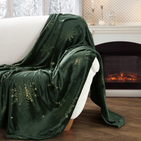 Koc narzuta świąteczna 150x200 zielony ciemny złoty śnieżynki Eurofirany