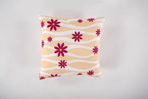 Poduszka dekoracyjna 40x40 beżowa w białe fale i czerwone kwiatki - Simply