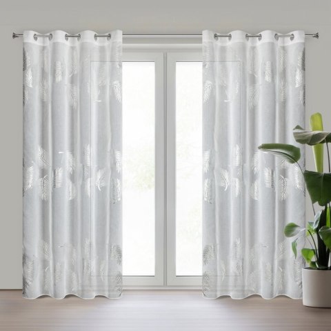 Firana 140x250 Idalia biała srebrma liście gotowa na przelotkach Eurofirany