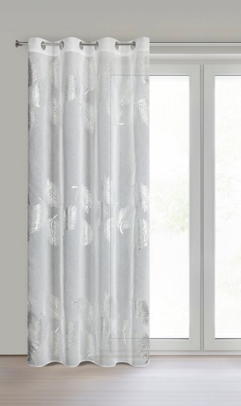 Firana 140x250 Idalia biała srebrma liście gotowa na przelotkach Eurofirany
