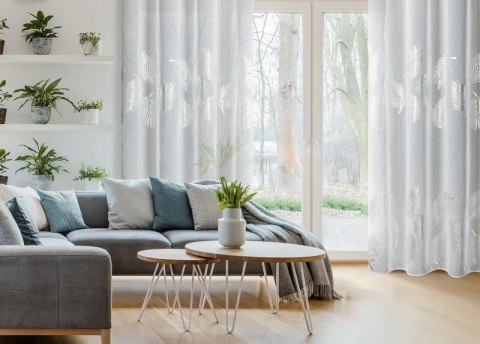 Firana 140x250 Idalia biała srebrma liście gotowa na przelotkach Eurofirany