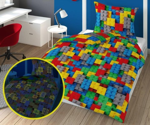 Pościel świecąca w ciemności 140x200 Klocki konstrukcyjne 3534 A bawełniana wielokolorowa Fluo 8477 młodzieżowa dziecięca