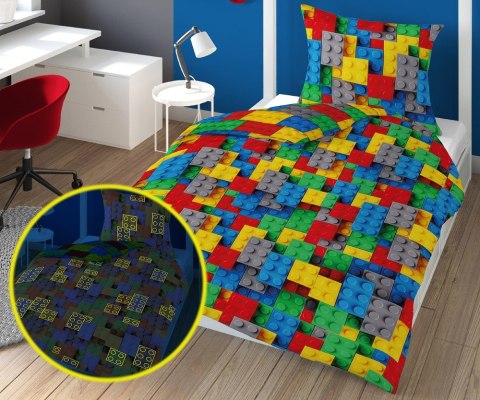 Pościel świecąca w ciemności 140x200 Klocki konstrukcyjne 3534 A bawełniana wielokolorowa Fluo 8477 młodzieżowa dziecięca