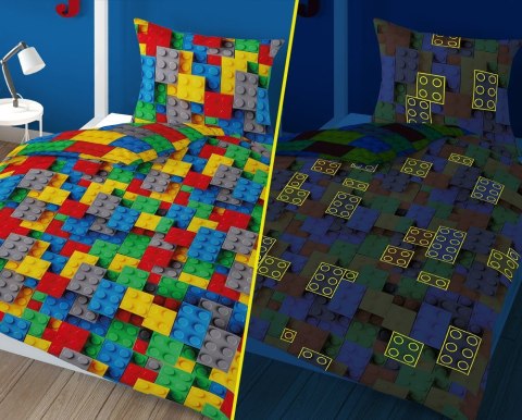 Pościel świecąca w ciemności 140x200 Klocki konstrukcyjne 3534 A bawełniana wielokolorowa Fluo 8477 młodzieżowa dziecięca
