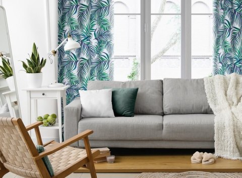 Zasłona 140x250 Palms liście turkusowa zielona gotowa na przelotkach